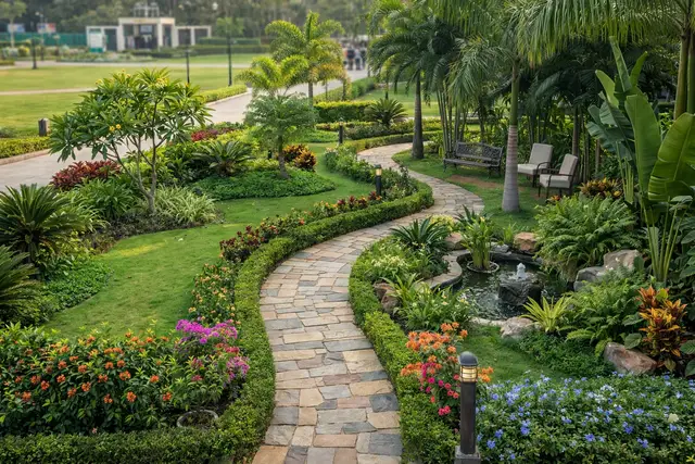 Landscaped garden pathways at Hiranandani Goa